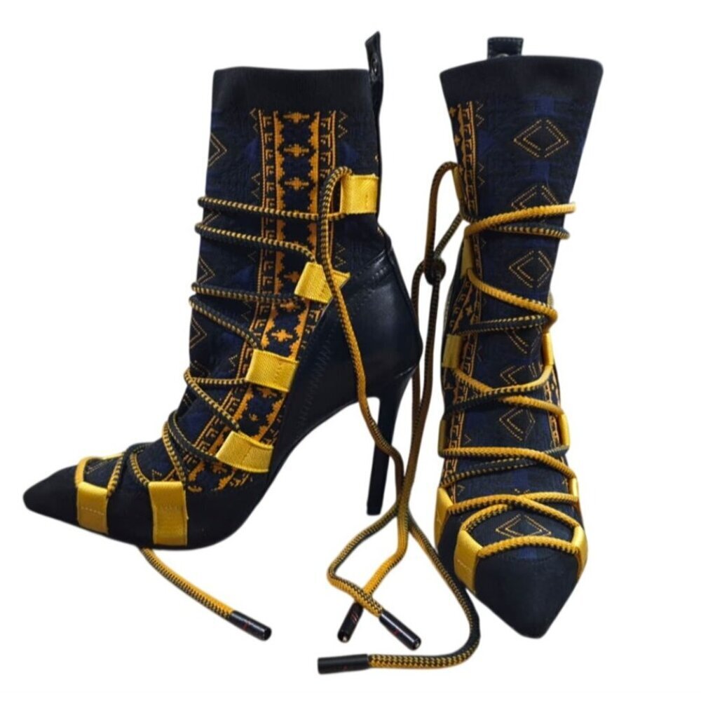 Azalea Wang Tribal Print Lace-Up Stiletto Ankle Boots Black Yellow Size 9. - Picture 3 of 9
